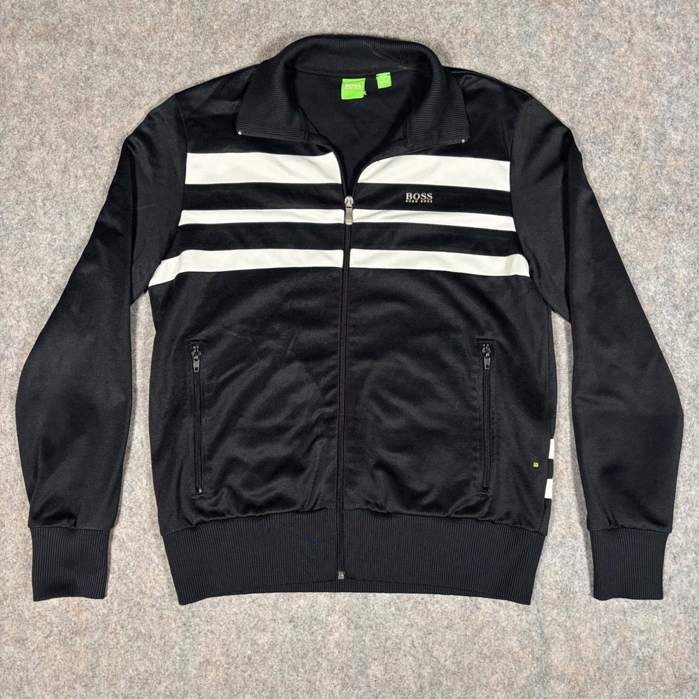 Hugo Boss Track Jacket Mens S Black White Striped Full Zip Streetwear VTG Y2K